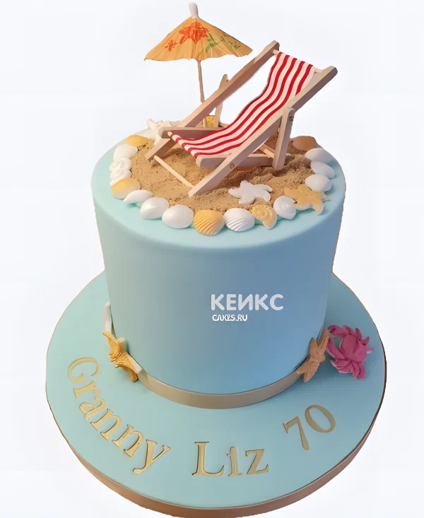 Прикольный летний торт с шезлонгом и ракушками Фото