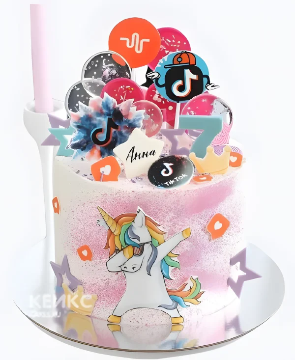 Прикольный торт с единорогом и тик ток Фото