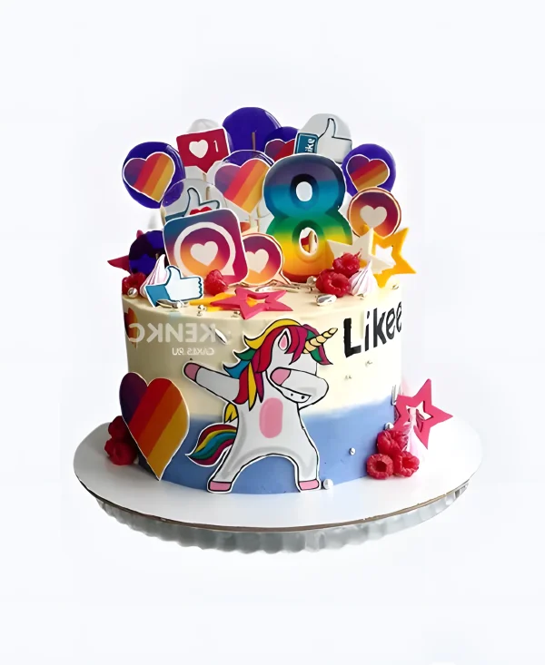 Прикольный торт с лайками и единорогом Фото