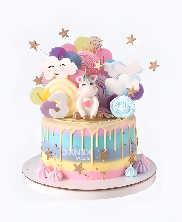 Радужный торт на 3 года девочке с единорогом и цифрой Фото