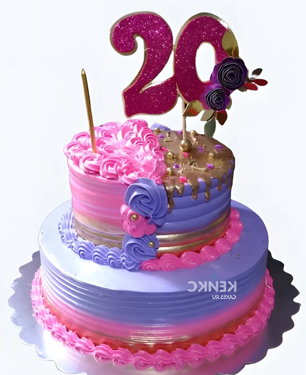 Разноцветный торт девушке на 20 лет из крема с цифрой Фото