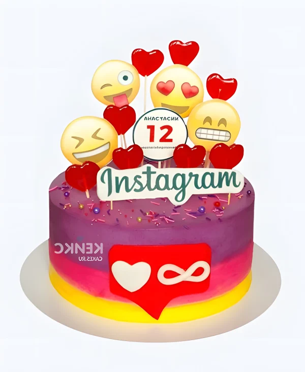 Разноцветный торт с эмодзи и инстаграмом Фото