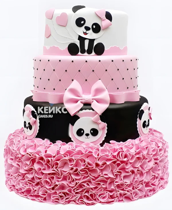 Роскошный торт с фигуркой панды и бантиком Фото