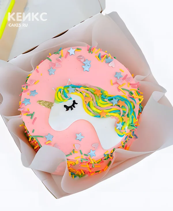 Розовый бенто торт с единорогом Фото