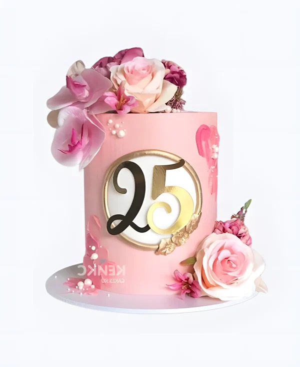 Розовый нежный торт на 25 лет с цветами Фото