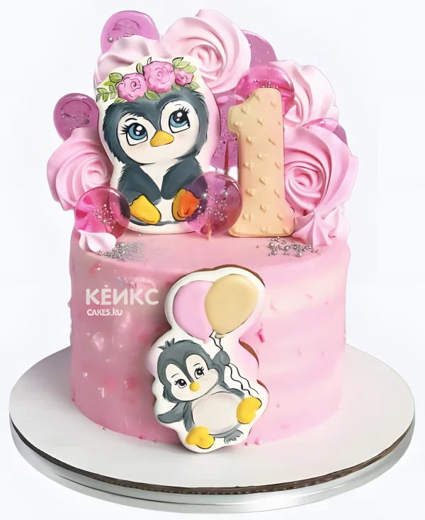 Розовый торт девочке с пингвином Фото