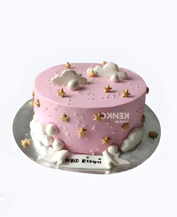 Розовый торт на 3 месяца с облачками и звездочками Фото