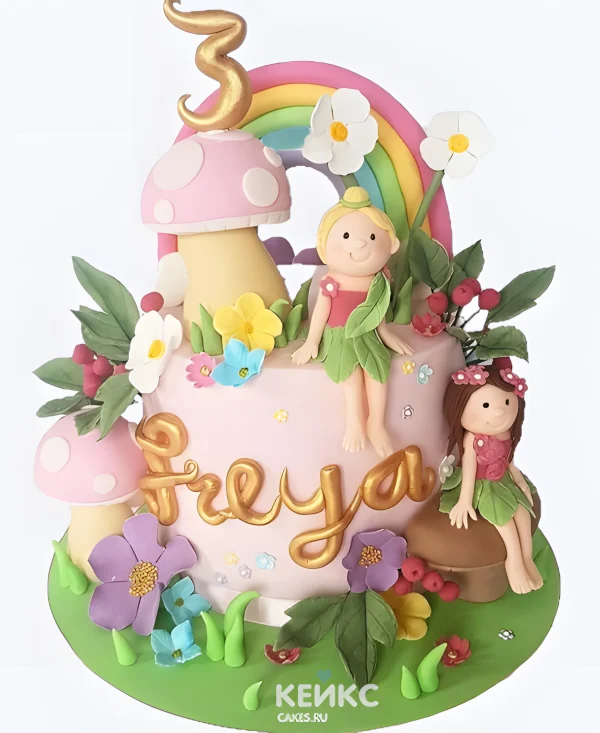 Розовый торт с феей и радугой Фото