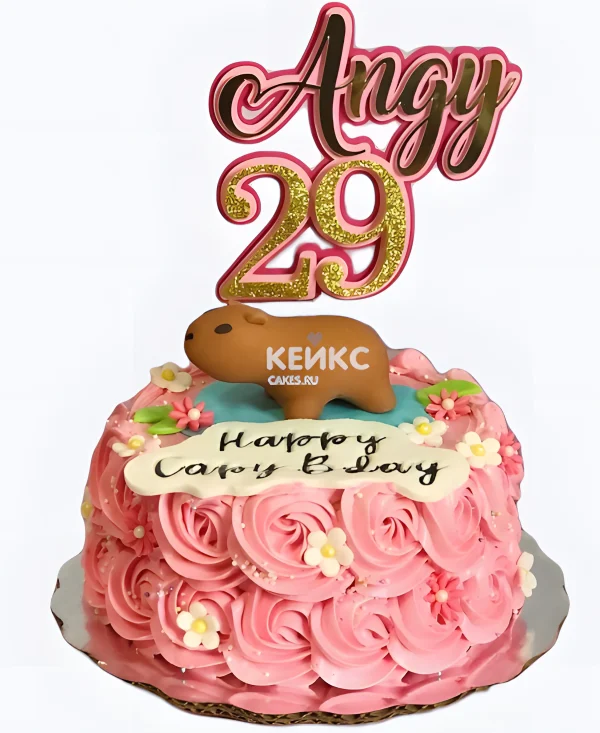 Розовый торт с капибарой Фото