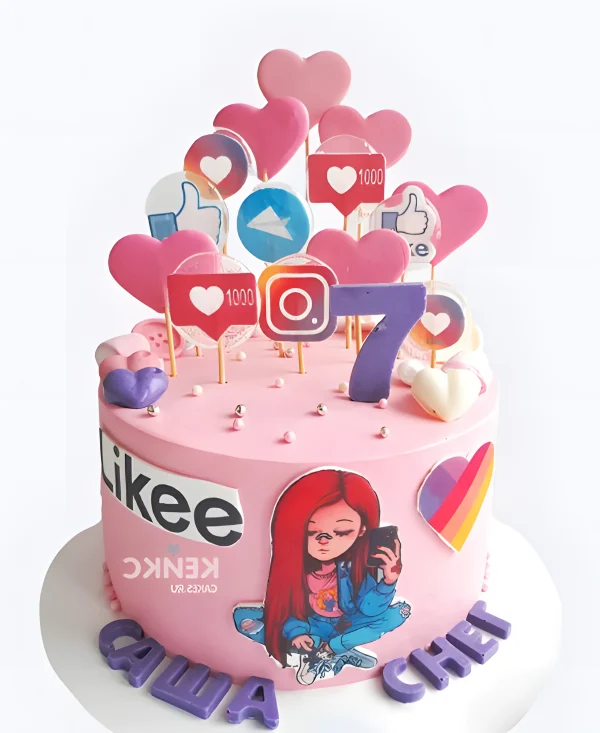 Розовый торт с лайками и сердечками Фото