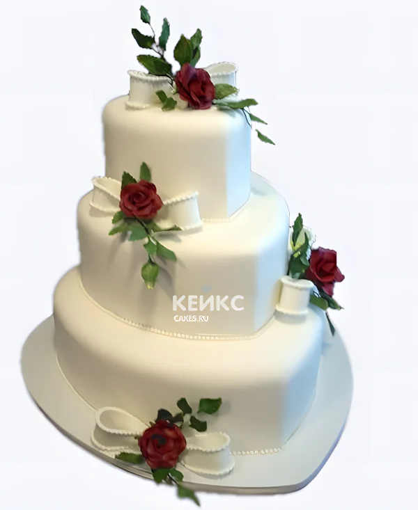 Шикарный белый свадебный торт в виде сердца с красными розами Фото