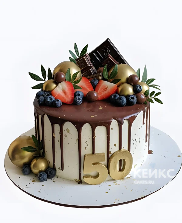 Шикарный торт мужчине с ягодами и цифрой на 50 лет Фото