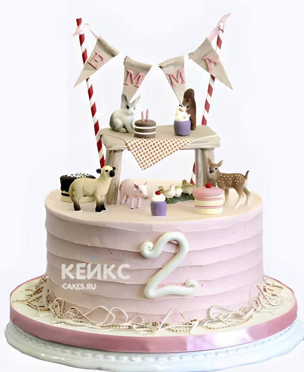 Шикарный торт бенто на 2 года девочке с фигурками животных Фото
