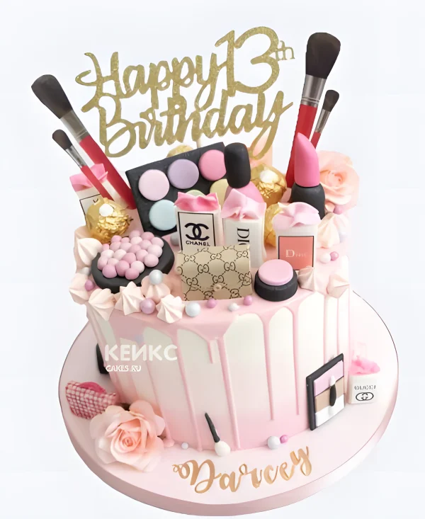 Шикарный торт на 13 лет с косметикой и розами Фото