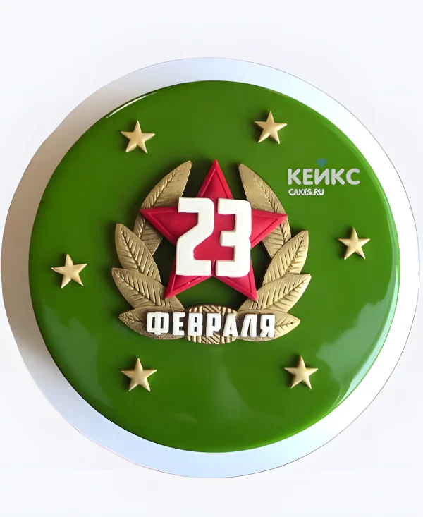 Шикарный зеркальный торт на 23 февраля с декором из мастики Фото