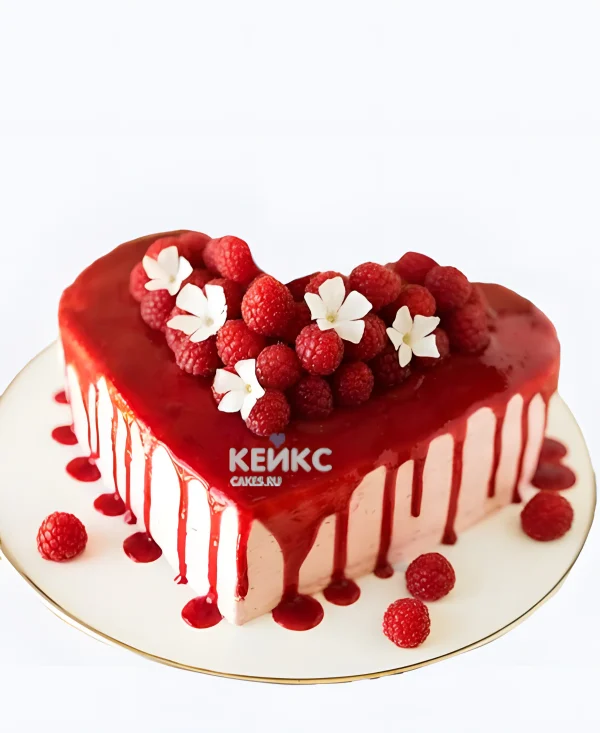 Свадебный торт в виде сердца с подтеками и малиной Фото