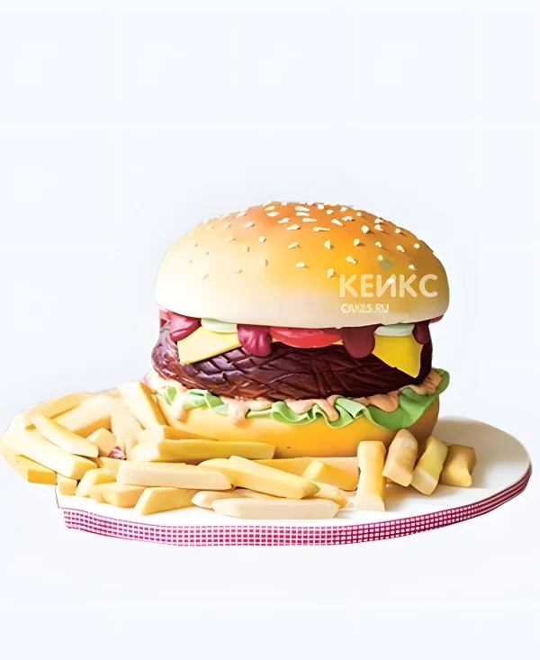 Торт 3D в виде бургера с картошкой Фото