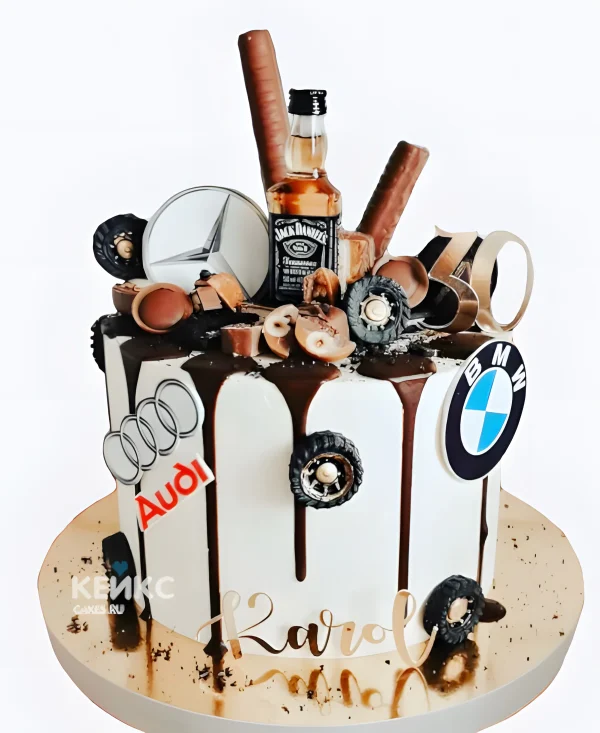 Торт Ауди на 30 лет с шоколадом и бутылкой виски Фото