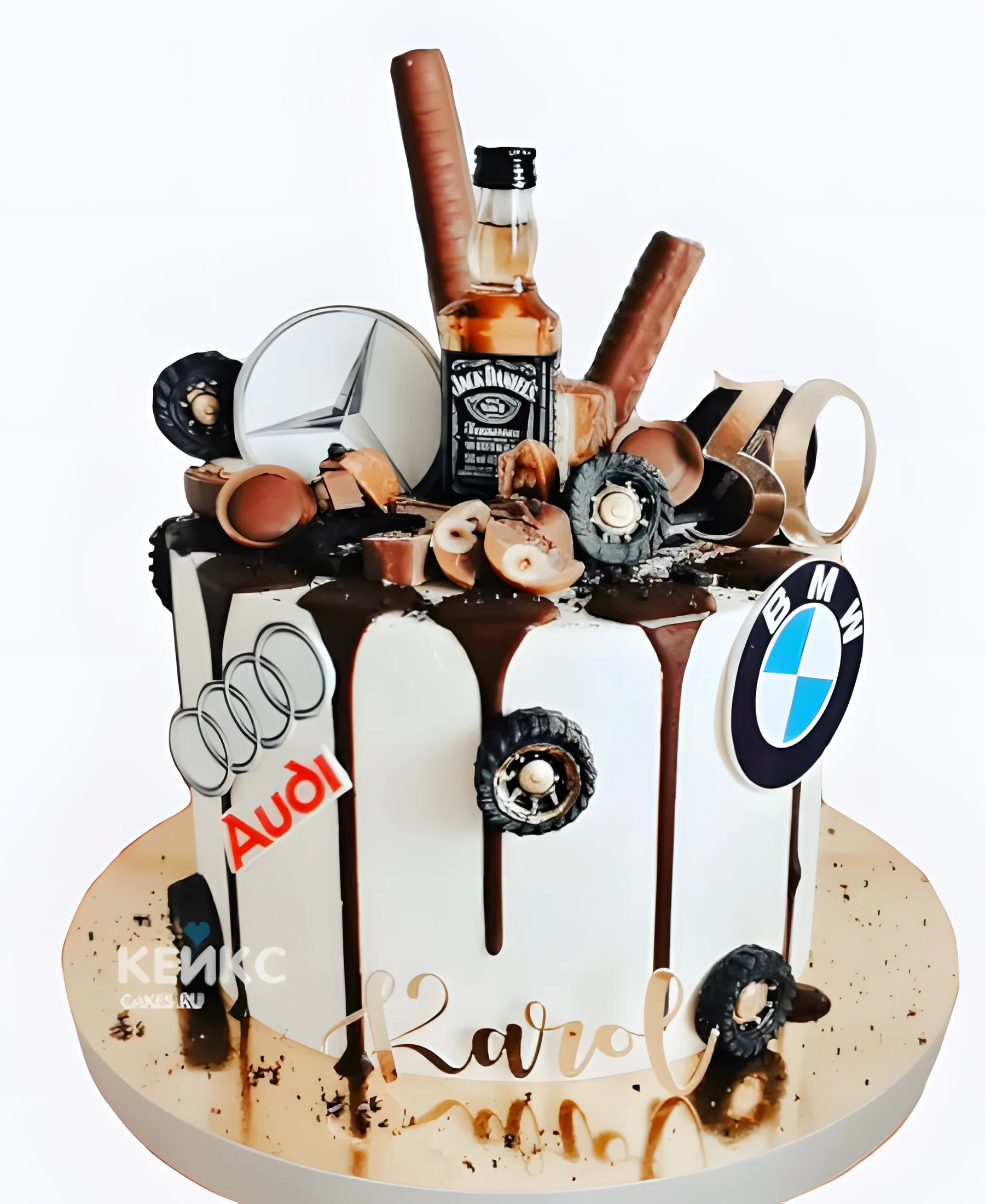 Торт Ауди на 30 лет с шоколадом и бутылкой виски Фото