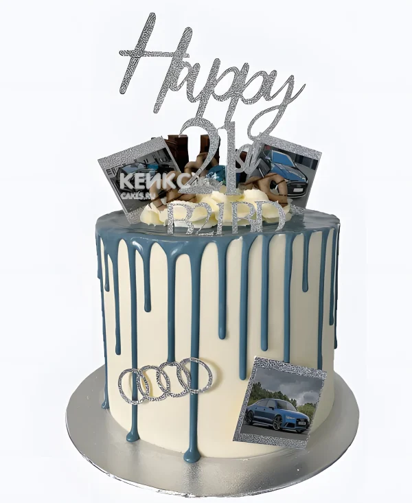 Торт Ауди с голубой глазурью и фотокарточками Фото