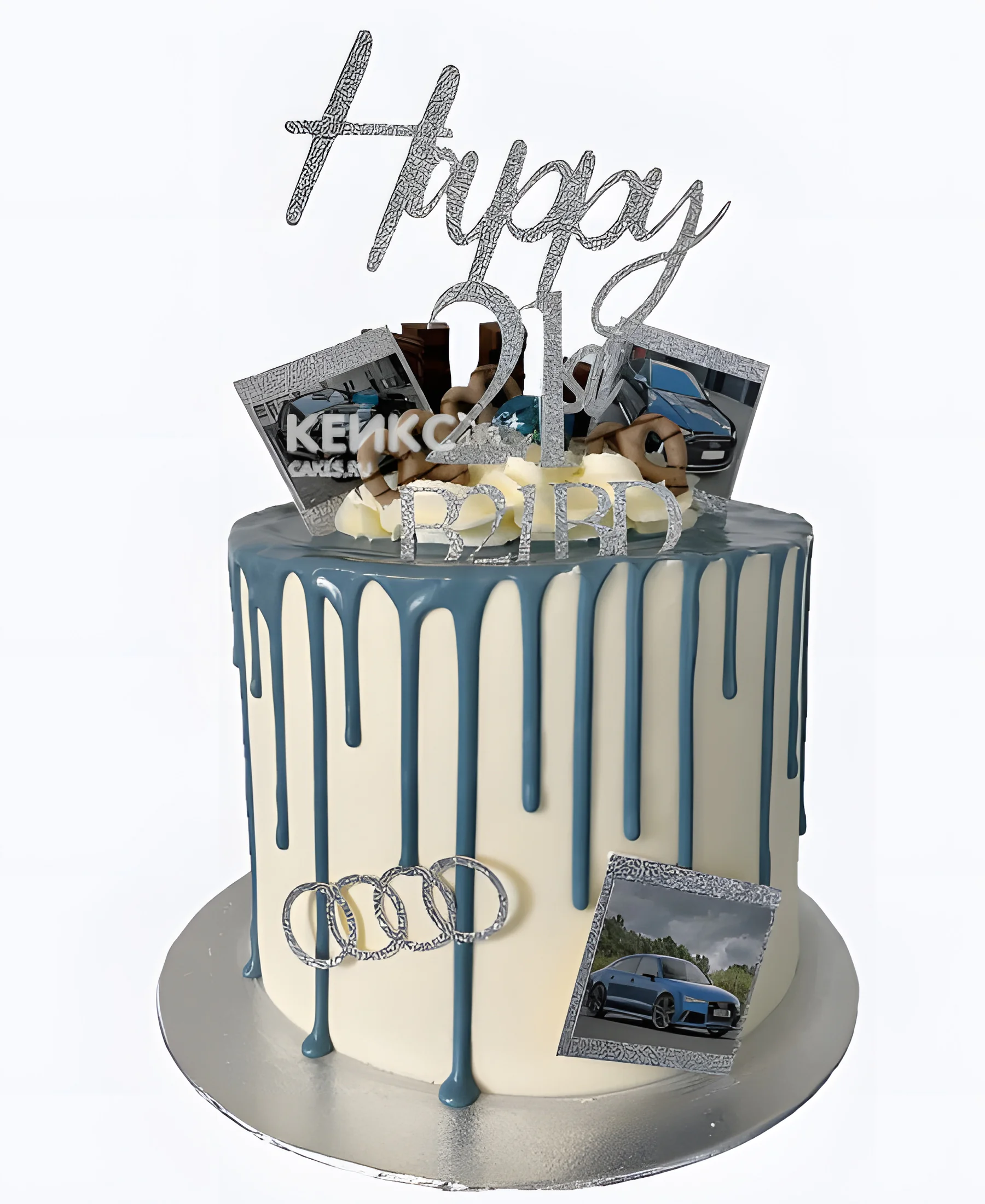 Торт Ауди с голубой глазурью и фотокарточками Фото