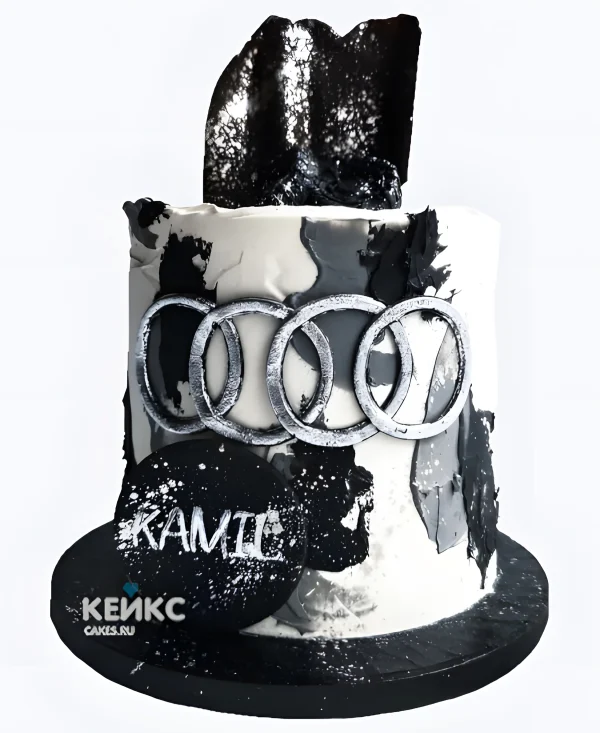 Торт Ауди с серебристыми брызгами и эмблемой Фото