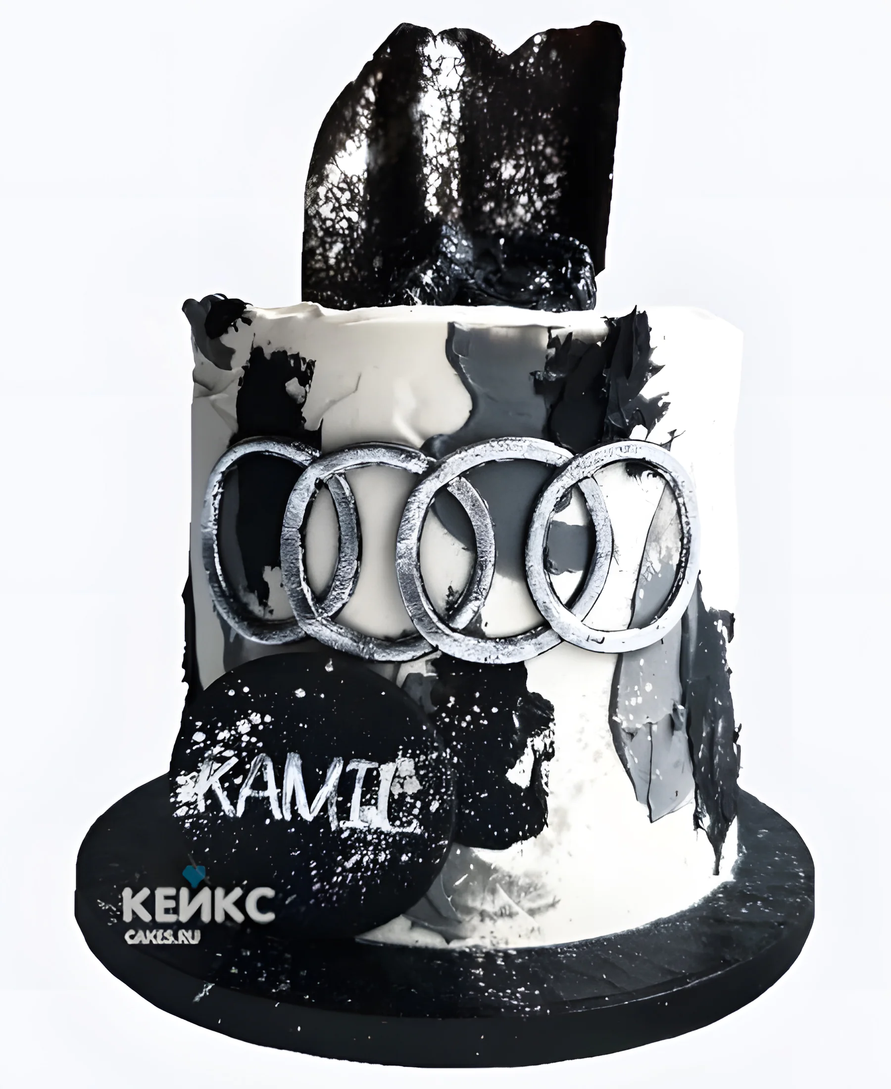 Торт Ауди с серебристыми брызгами и эмблемой Фото