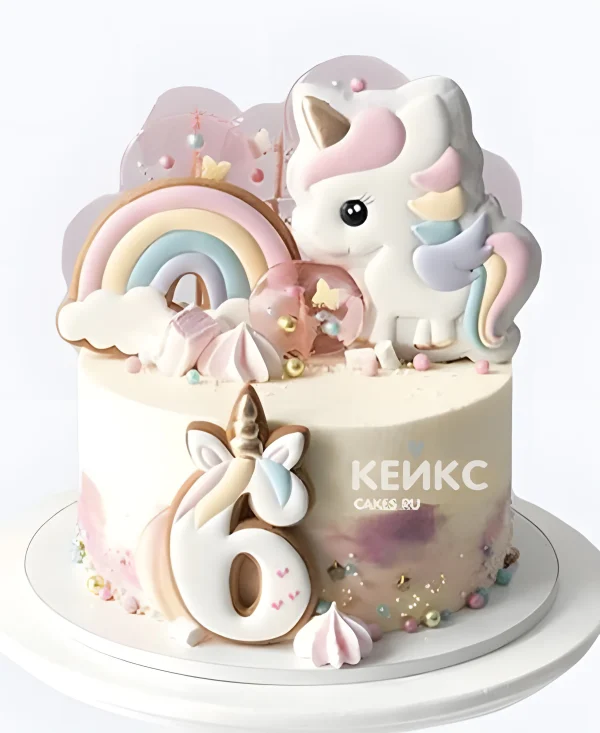Торт бенто девочке на 6 лет с единорогом и радугой Фото