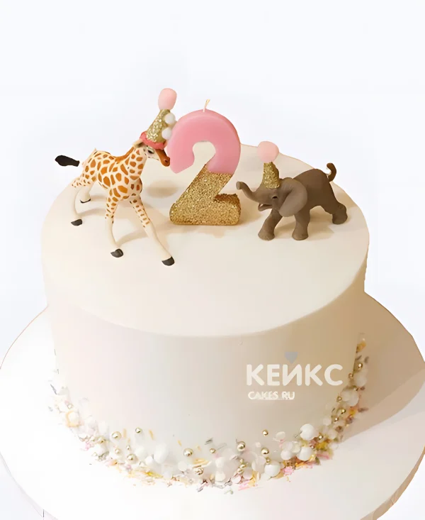 Торт бенто на 2 года месяца с цифрой и фигурками животных Фото