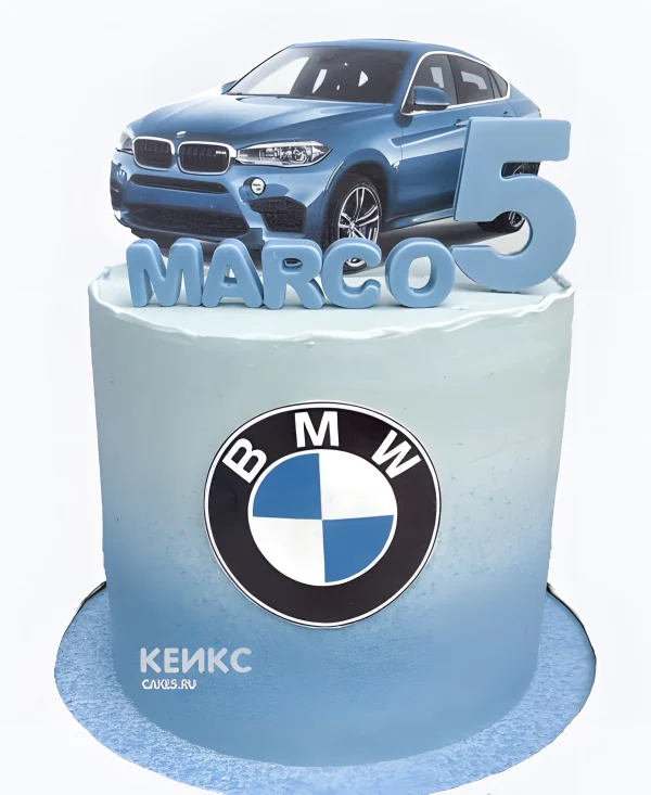 Торт БМВ с бело-голубым градиентом и эмблемой Фото