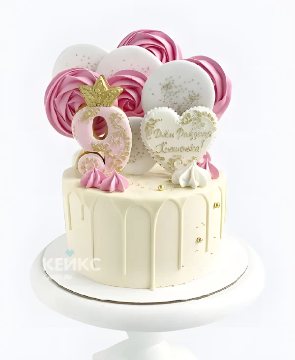 Торт девочке на 9 лет с белой глазурью и безе Фото