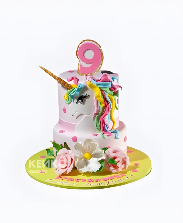 Торт девочке на 9 лет с единорогом и цифрой Фото