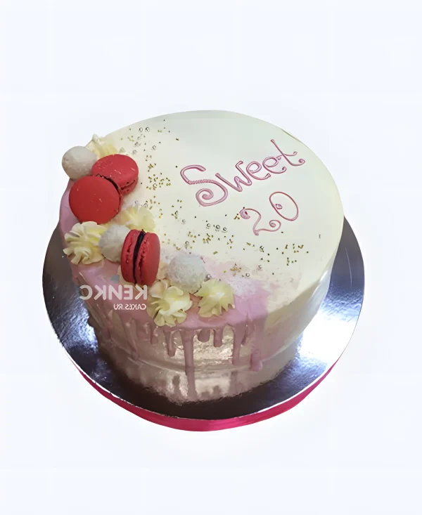 Торт девушке на 20 лет с макарунс и подтеками Фото