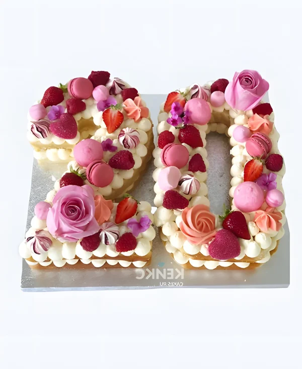 Торт девушке на 20 лет в виде цифры с ягодами и розами Фото