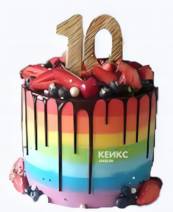 Торт для мальчика с шоколадными подтеками и ягодным ассорти Фото