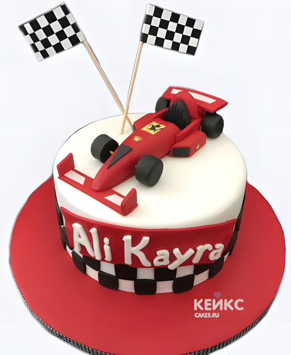 Торт гонки с машиной Ламборгини и флагом Фото