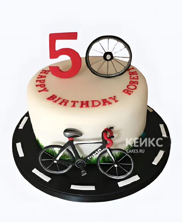 Торт на 50 лет с велосипедом и надписью Фото