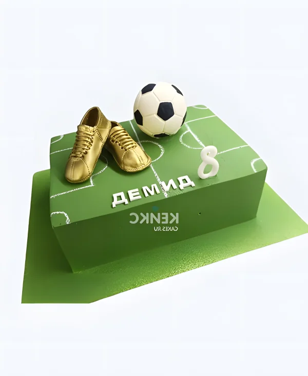 Торт мальчику на 8 лет с футбольным мячом и бутсами Фото