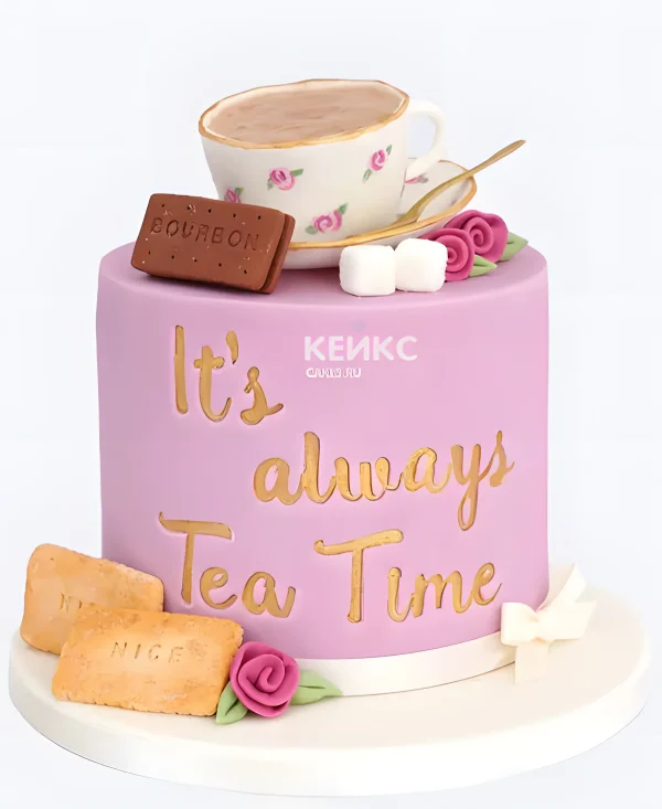 Торт с чашкой и надписями из мастики Фото