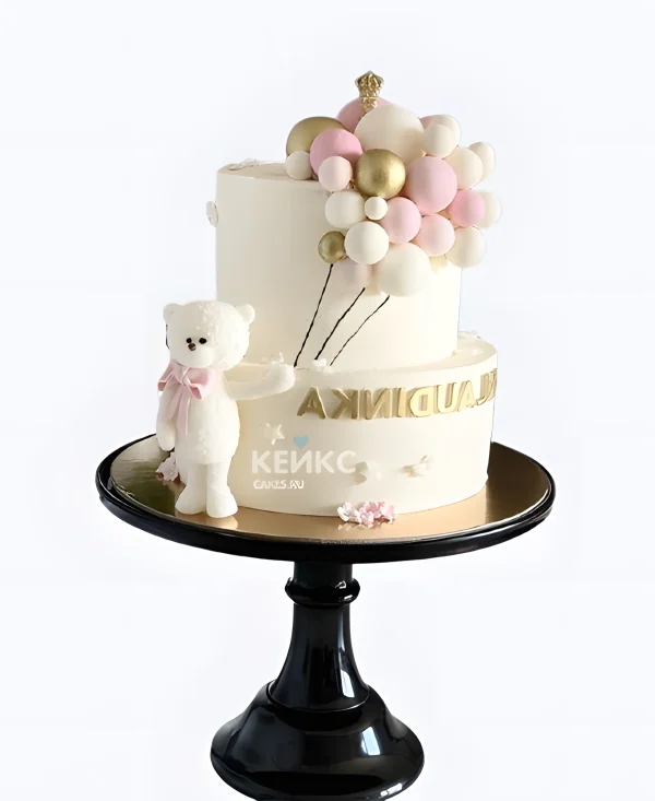 Торт на 3 месяца мишка с шариками и надписью Фото