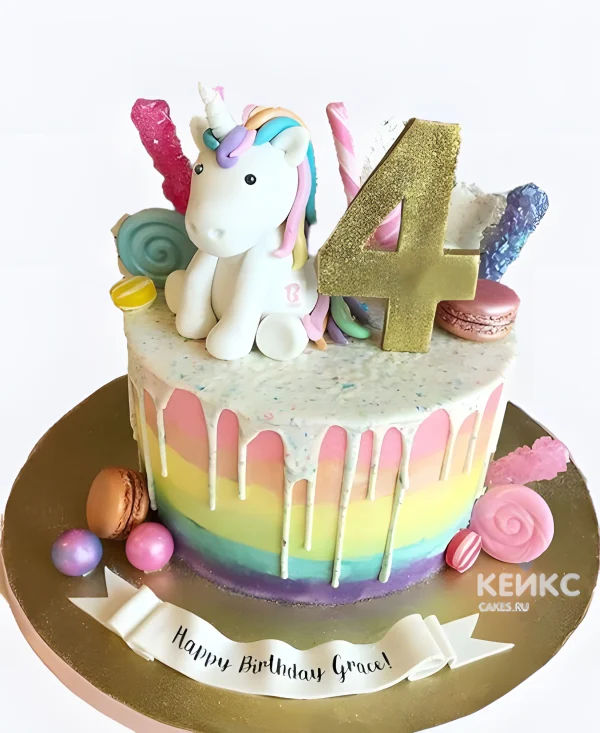 Торт на 4 года из мастики с единорогом и радугой Фото