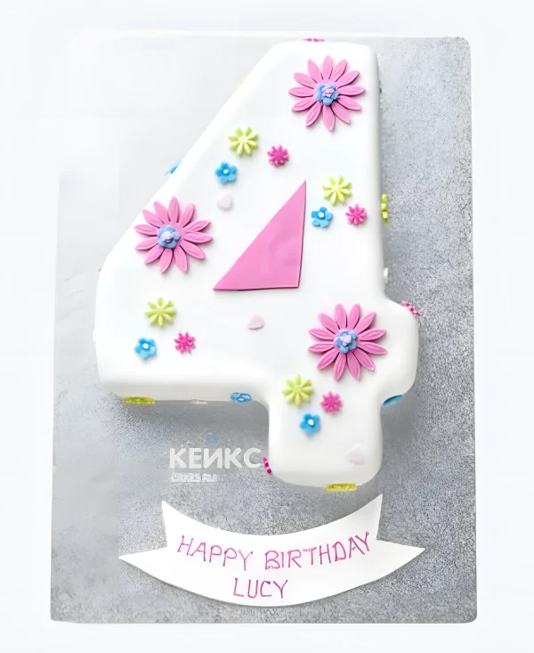 Торт 3D на 4 года девочке в виде цифры с цветами из мастики Фото
