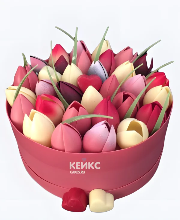 Торт на 8 марта с букетом тюльпанов и сердцем Фото
