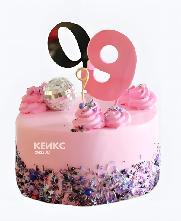Торт на 9 лет в розовом цвете с диско шаром Фото