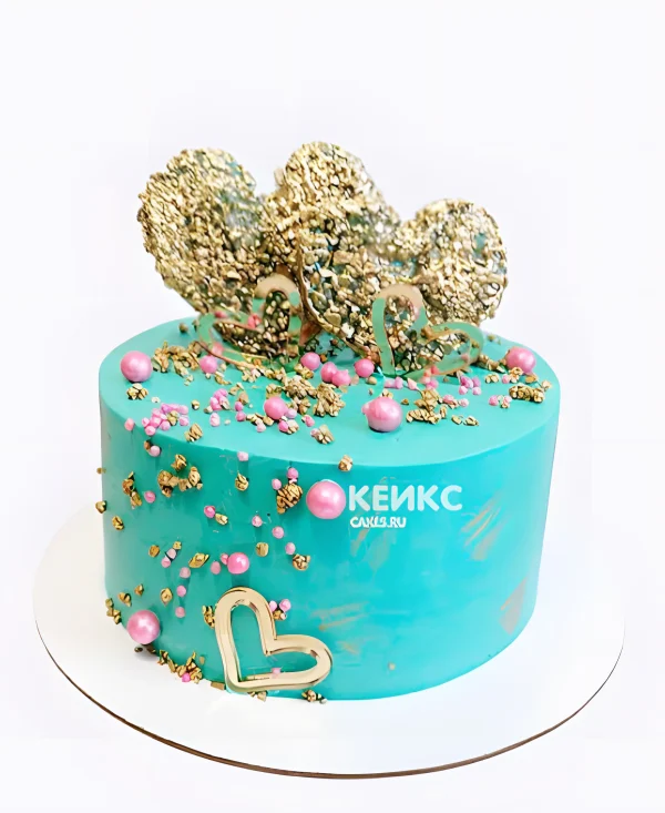 Торт на бирюзовую свадьбу с золотыми сердцами Фото