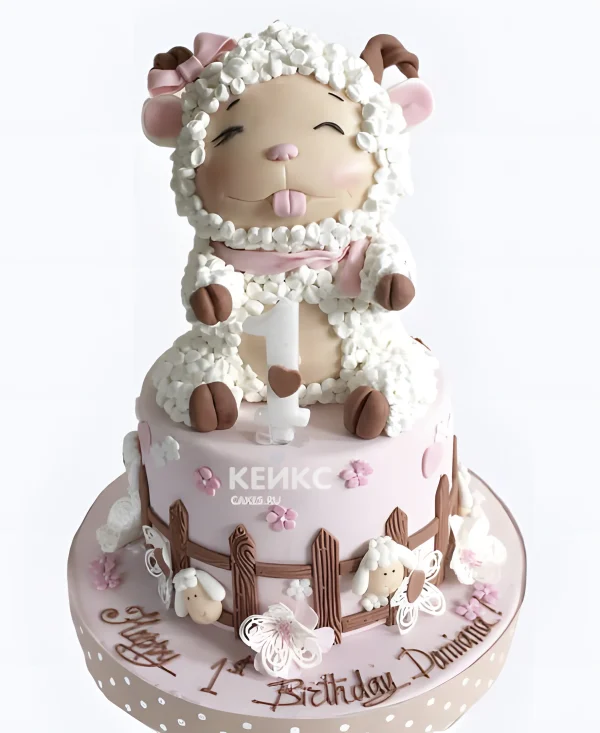Торт на день рождения с розовой овечкой Фото