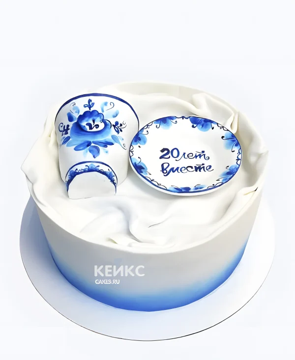 Торт на годовщину 20 лет свадьбы с гжелью Фото
