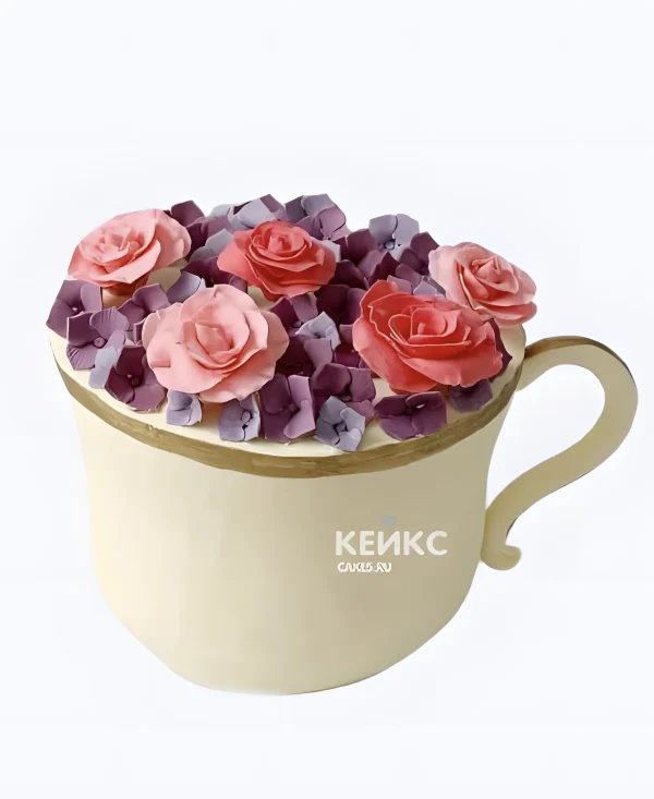 Торт на фарфоровую свадьбу в виде чашки с цветами Фото
