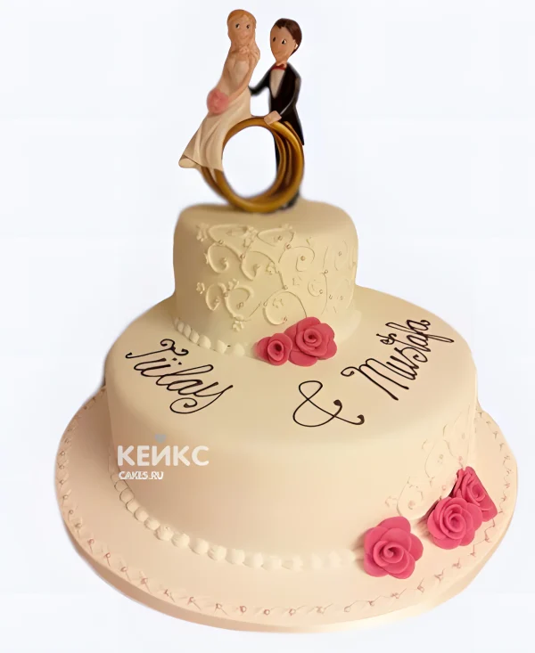 Торт на льняную свадьбу с фигурками и надписью Фото