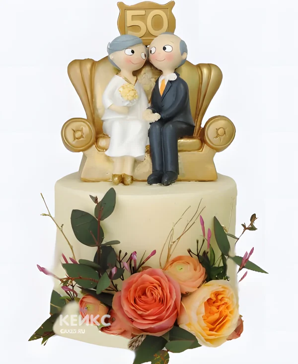 Торт на золотую свадьбу с розами и фигурками Фото